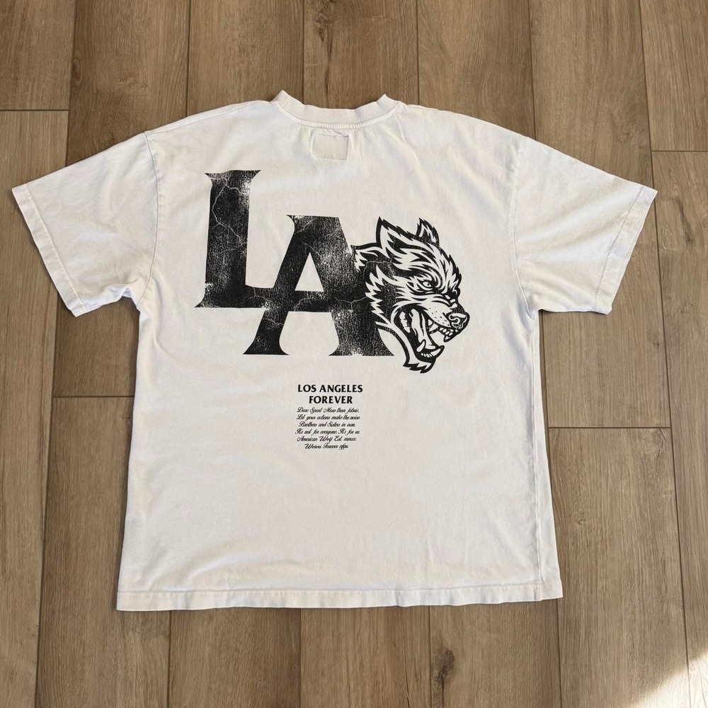Darc Sport LA Forever Tee with black graphic 'LA' and a wolf head size L